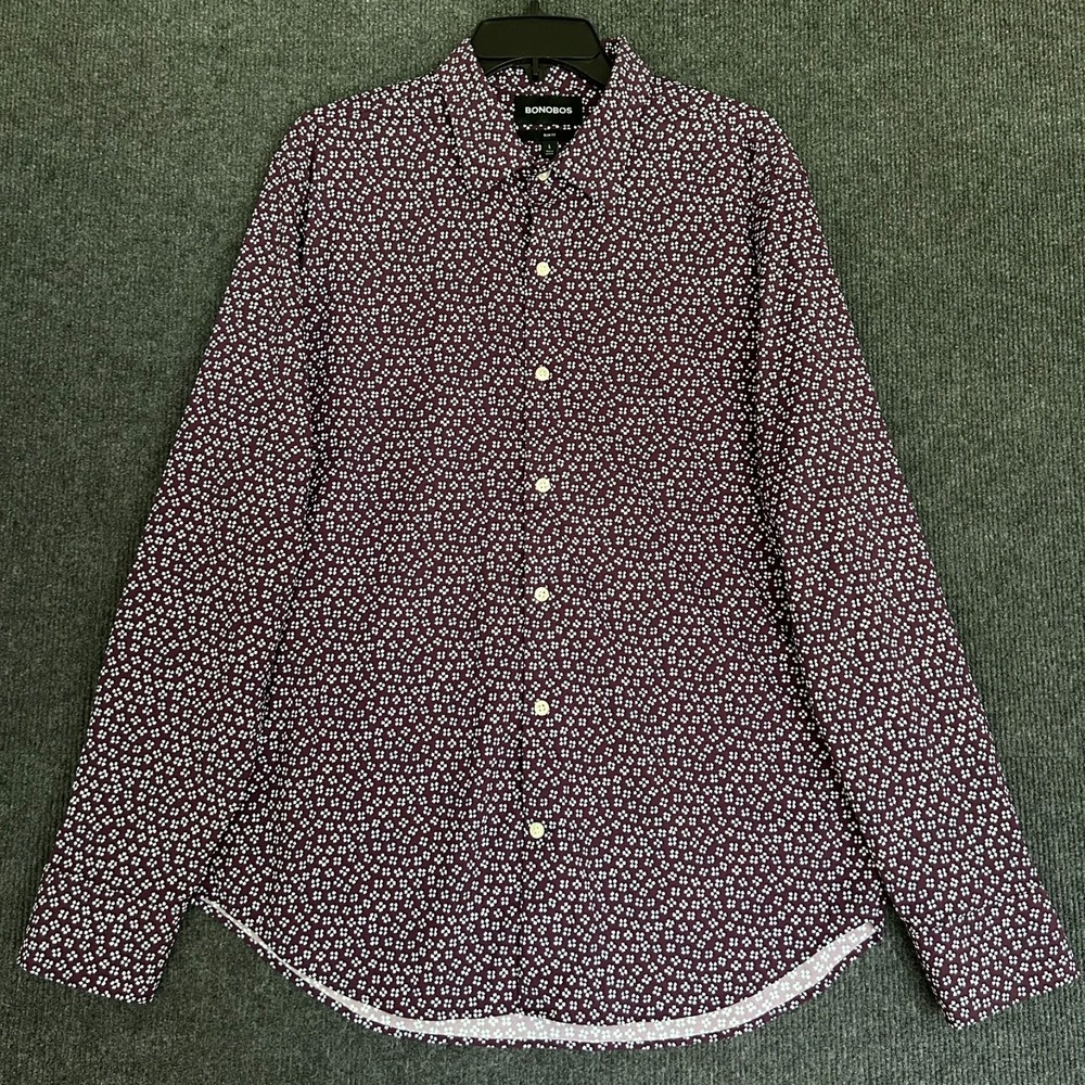 Bonobos Mens L Slim Fit Shirt LS Button Down Stretch Burgundy White Flowers - Picture 2 of 14